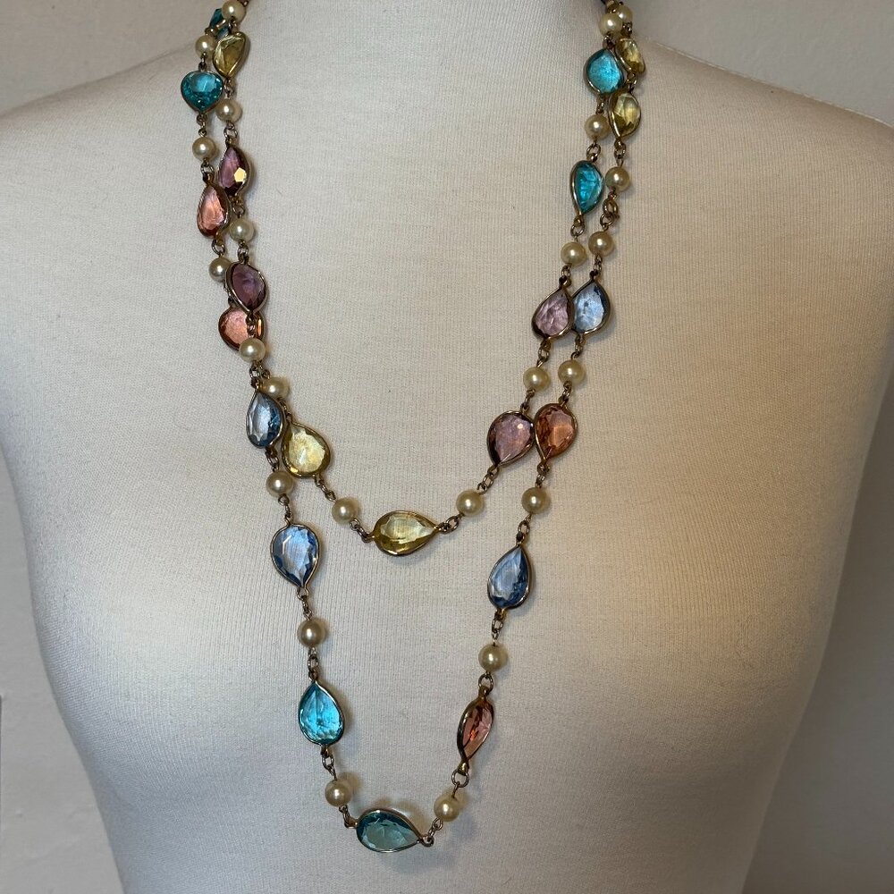 Glass and faux pearl gold tone long necklace